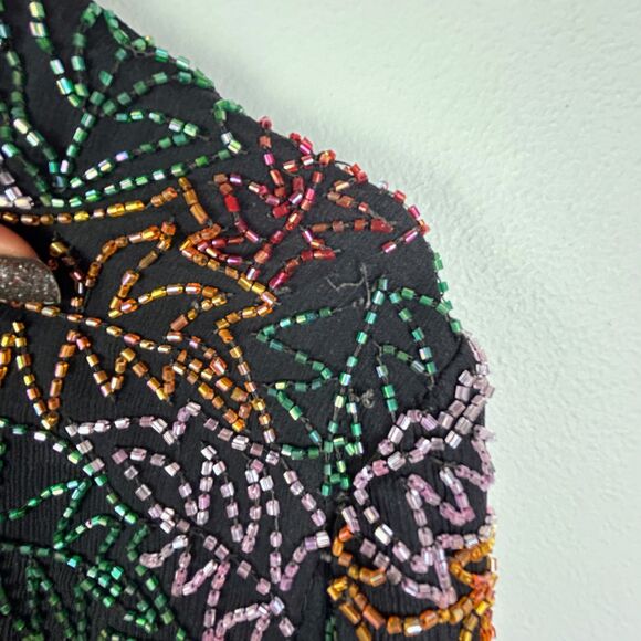 Night Vogue Vintage Silk Fall Leaf Beaded Jacket Cardigan Black Orange Green XL - Picture 15 of 16
